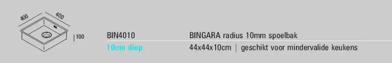 ABK Bingara Плоска мивка за достъп на хора с увреждания, неръждаема стомана, дълбока 10 cm, 40x40 cm, монтаж под, над и на нивото на плота BIN4010FVI