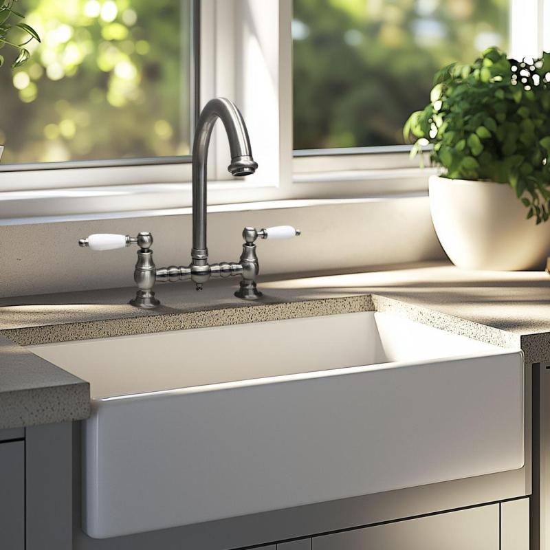 PB Носталгичен кухненски чучур неръждаема стомана с кръгъл чучур и бели дръжки PBN.RVS.R.WH