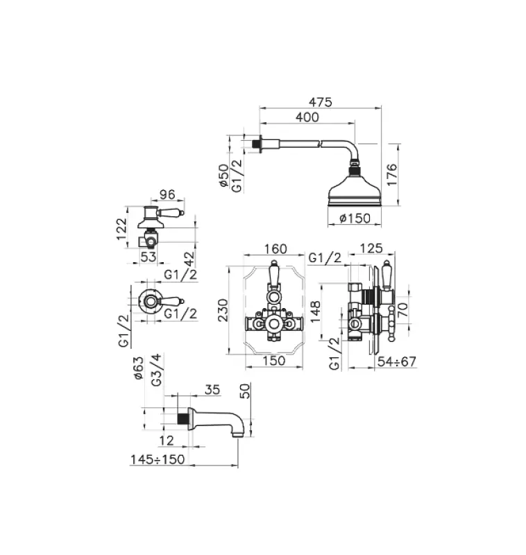 Хубер Викториански Термостатичен Вграден Душ комплект Злато 916.VT01H.AG