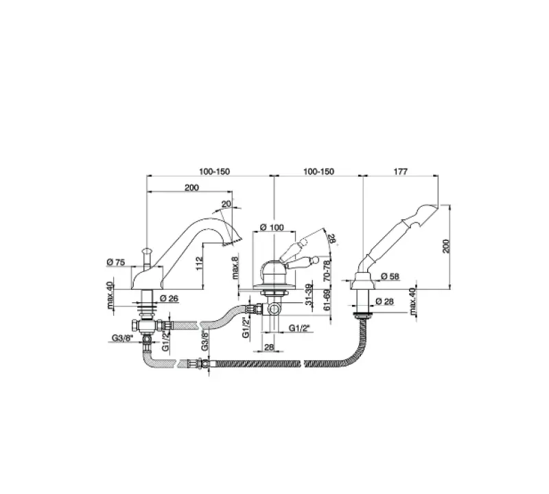 Cisal Arcana Empress 3-дупков месител за вана с ръчен душ Бронз EM00126027