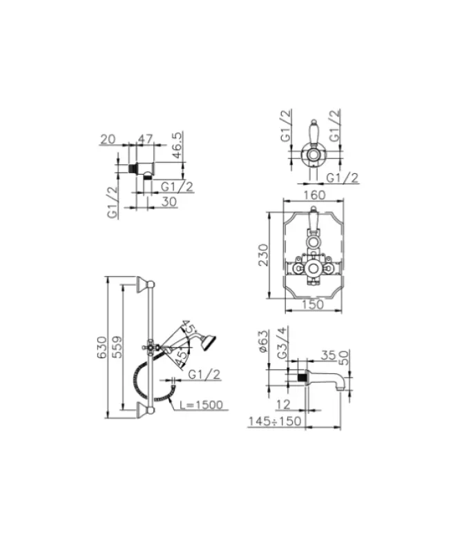 Huber Victorian Термостатичен Вграден Комплект за Вана-Душ от Неръждаема Стомана 914.VT01H.AC