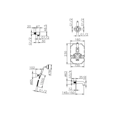 Huber Victorian Термостатичен Вграден Комплект за Баня-Душ Злато 915.VT01H.AG