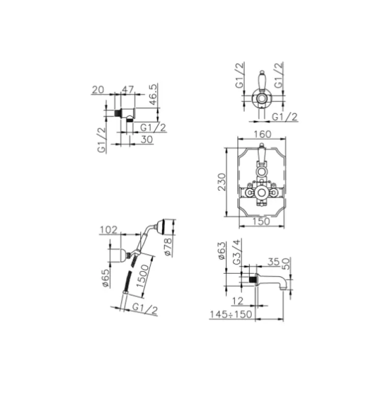 Huber Victorian Термостатичен Вграден Комплект за Баня и Душ Бронз 915.VT01H.BA