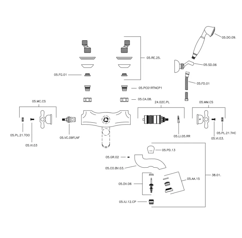 Термостатичен смесител за вана Huber Croisette с комплект ръчен душ Злато CSD270102G