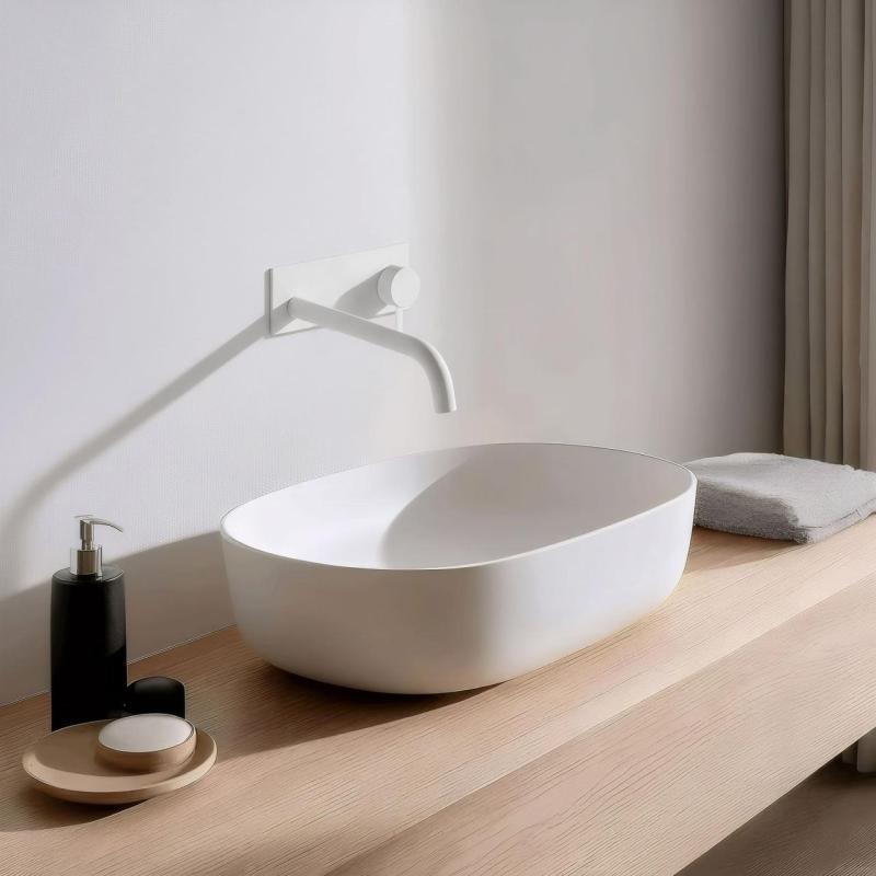 Вграден смесител за мивка от Waterrevolution Flow с покривна плоча в мат бяло и изпускателна тръба 25см T1161BBR-25