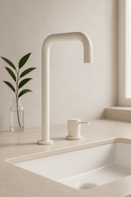 Водна революция Flow 2-дупков мивков смесител с висок изпускателен канал 222 матово бял T122HBR