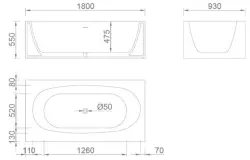 Solid-S Recto вана със солидна повърхност от кориан, свободностояща, Д180xШ93xВ55 см, матово бяла, последни наличности