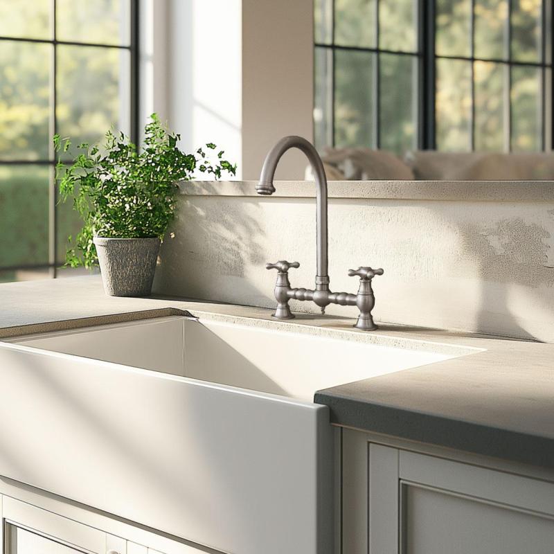 PB Носталгичен кухненски смесител с кръгъл чучур и звездовидни ръкохватки, неръждаема стомана PBN.RVS.R.ST