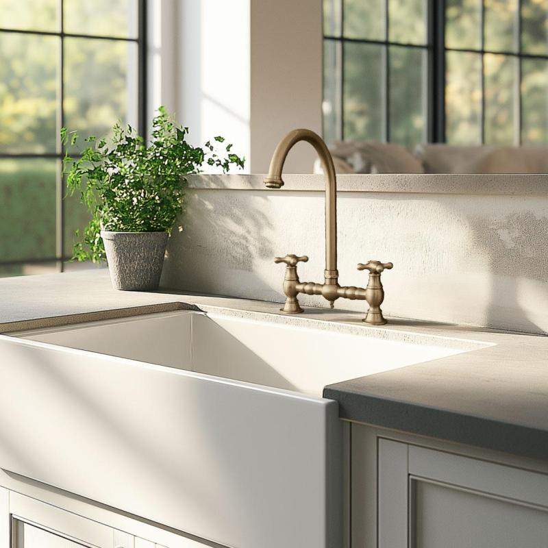 PB Носталгичен кухненски смесител с кръгъл чучур и звездовидни ръкохватки, бронз PBN.BRO.R.ST