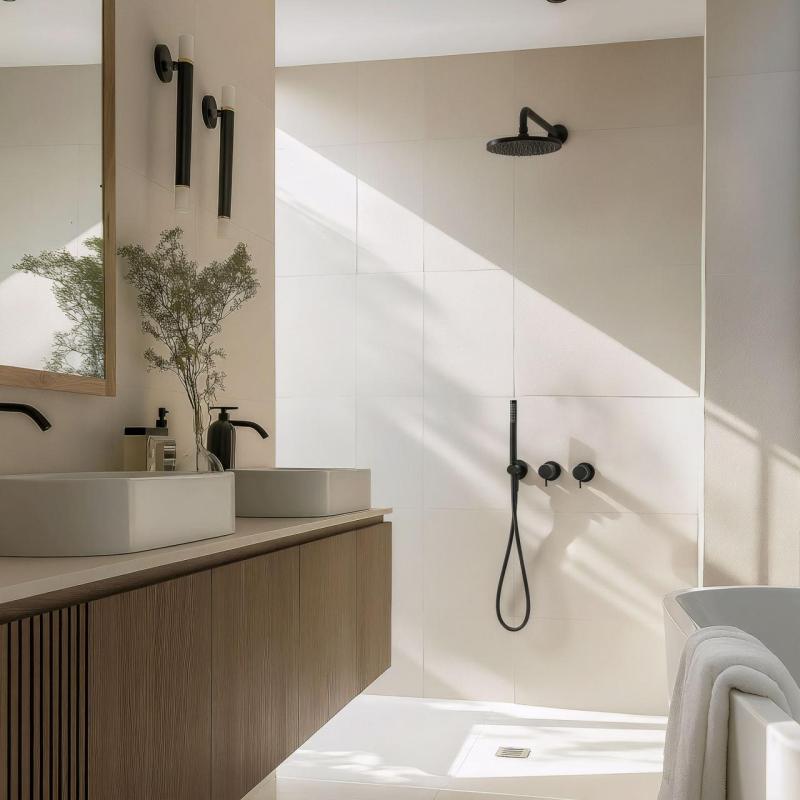 Вграден комплект душ Waterevolution Flow в матово черно с термостат, душ с ефект на дъжд и ръчен душ 1208846402