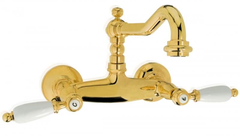 PB класически смесител за стенен монтаж с бели ръкохватки, хром 1208854172