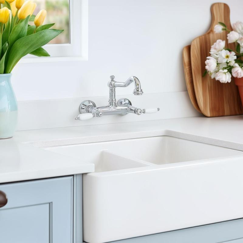 PB класически смесител за стенен монтаж с бели ръкохватки, хром 1208854172