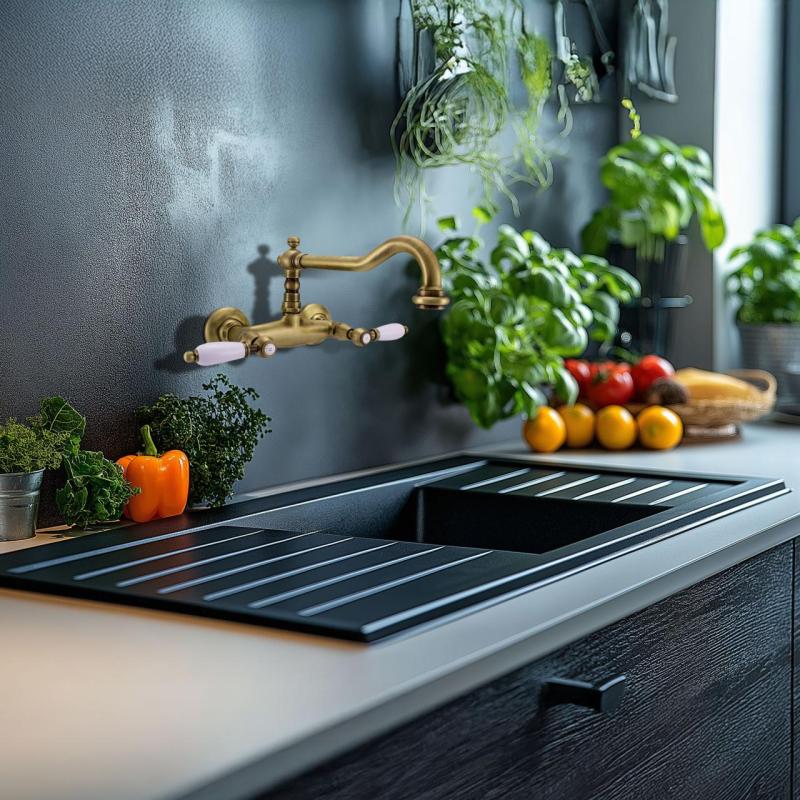 PB Класически кран за стенен монтаж с бели ръкохватки, Бронз 1208854182