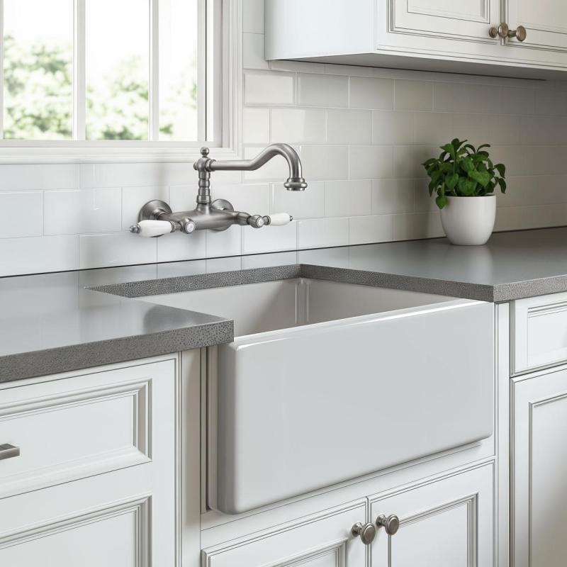 PB Класически смесител за стенен монтаж с бели дръжки, неръждаема стомана 1208854192