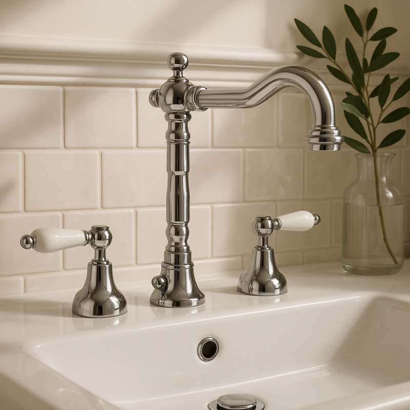 PB класически кран 3 отвора смесител за мивка Бели дръжки Хром 1208854262