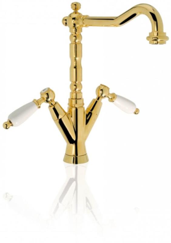 PB класически кран за умивалник с бели ръкохватки и носач 18,5 см от неръждаема стомана 1208854312