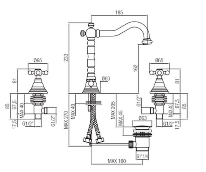 PB класически 3-дупков мивков смесител със силни копчета, изход 18,5 см Хром 1208854922