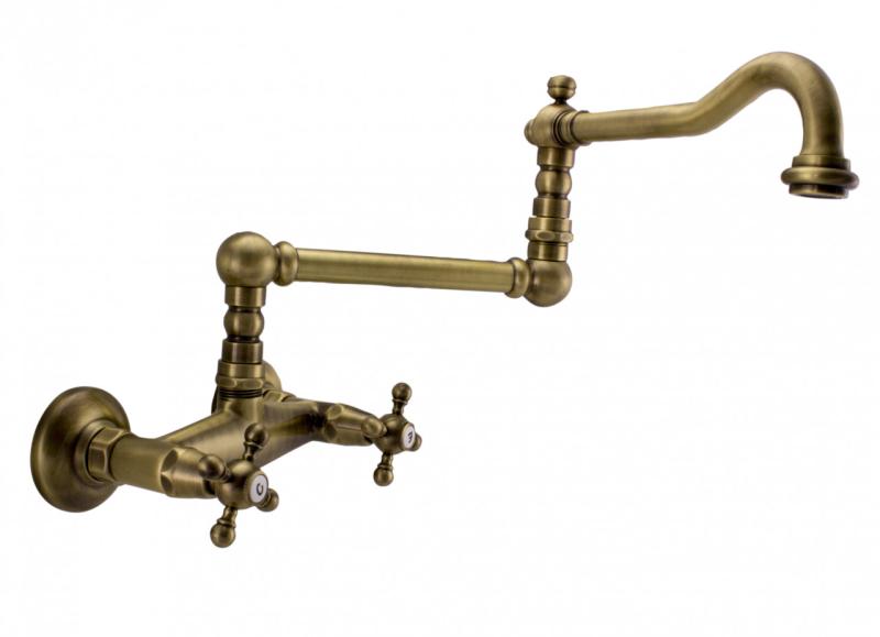 PB класически смесител за стенен монтаж със звездовидни ръкохватки и дълъг въртящ се чучур, Бронз 1208855452