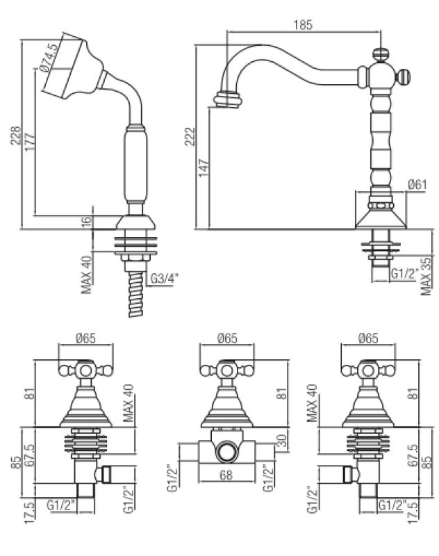 PB класически 5-дупков бордов смесител за вана със солидни копчета бронз 1208855782