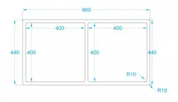 Caressi R10 Двойна иноксова мивка 40x40+40x40cm, плосък монтаж, под и над нивото на плота CAPP4040R10