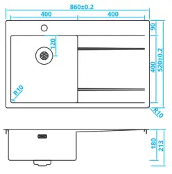 Caressi Иноксова мивка с отцедник вдясно CAPP40ABL B86xL52 плосък монтаж, отгоре и отдолу 1208921295