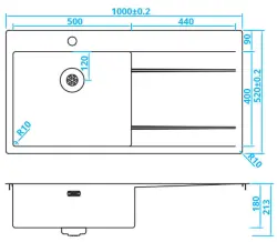 Caressi Иноксова мивка с отцедник вдясно CAPP50ABL B100xL52 за плосък монтаж, отгоре и отдолу 1208921299