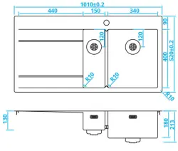 Caressi Иноксова 1,5 мивка с отцедник вляво CAPP1534ABR B101xL52 за плосък монтаж, отгоре и отдолу 1208921301