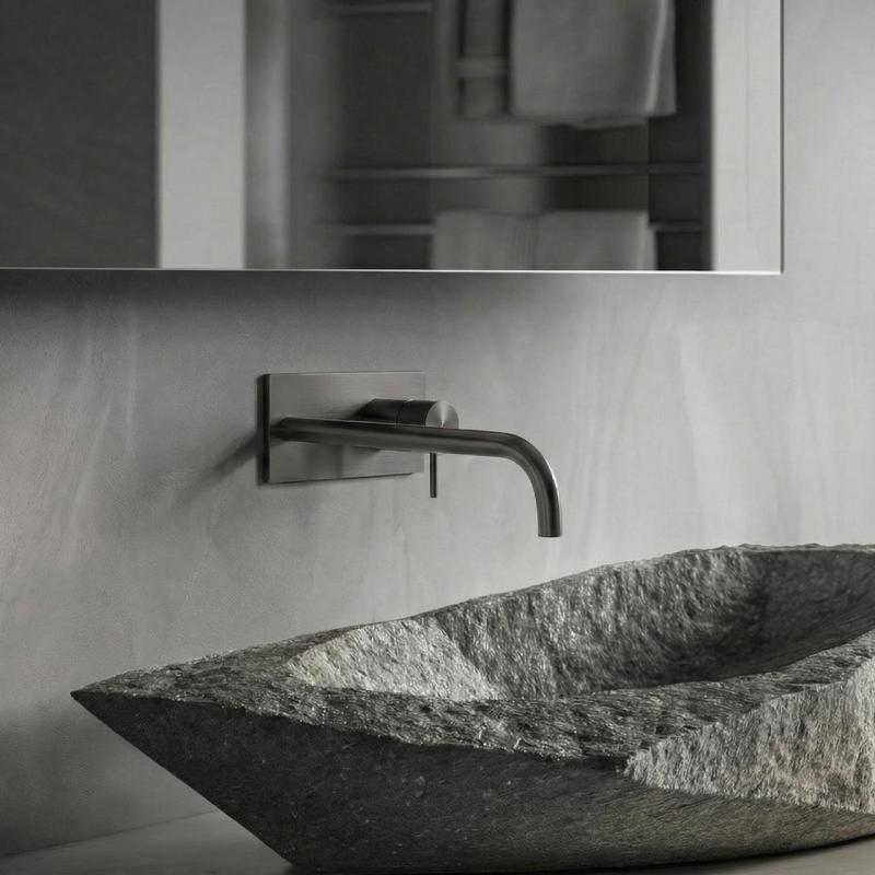 Вграден смесител за мивка от Waterrevolution Flow с покритие PVD Gun Metal и изпускател 25см T1161GME-25