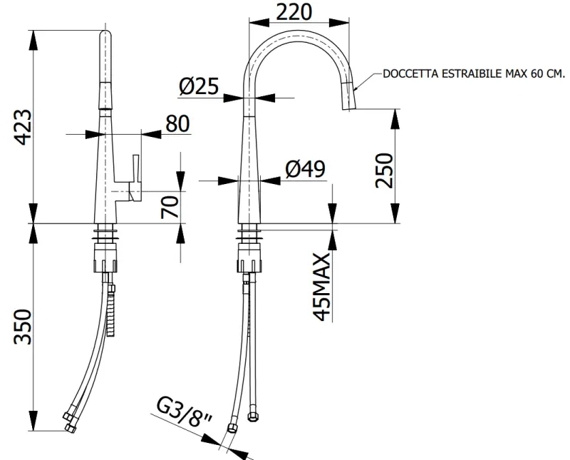 DEMM Кухненски смесител с издърпващ се чучур, хром 1208947332