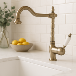 PB Носталгичен кухненски смесител с бяла ръкохватка, неръждаема стомана 1208952878