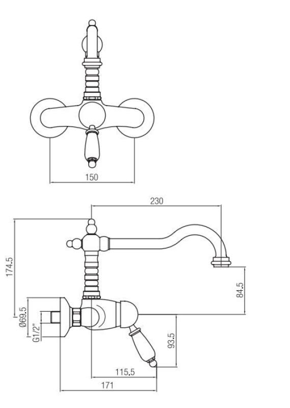 PB Носталгичен смесител за стенен монтаж с един лост, бяла дръжка, хром
