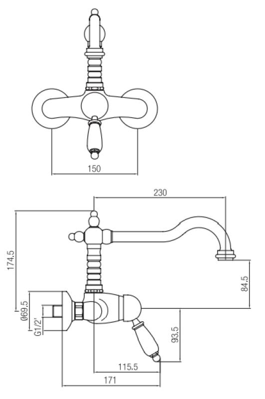PB Носталгичен стенен смесител с бяла дръжка, неръждаема стомана