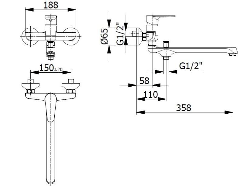 Blusani Специален стенен смесител с дълъг чучур 35см и ръчен душ, хром 1208952919