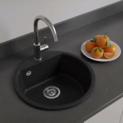 GraniteMy Bremen Кръгла гранитна мивка 43 см черна, за монтаж отгоре и отдолу, с отвор за смесител и иноксова цедка 1208953206