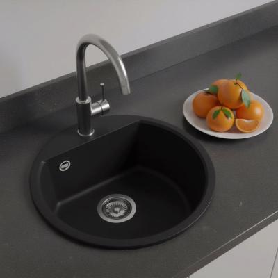 GraniteMy Bremen Кръгла гранитна мивка 43 см черна, за монтаж отгоре и отдолу, с отвор за смесител и иноксова цедка 1208953206