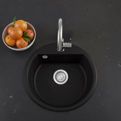 GraniteMy Bremen Кръгла гранитна мивка 43 см черна, за монтаж отгоре и отдолу, с отвор за смесител и иноксова цедка 1208953206