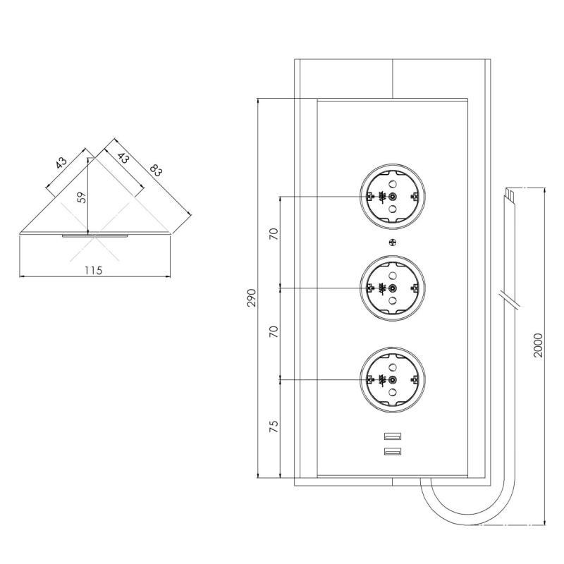 Indux Corner Енергиен стълб с 3 контакта, заземен и двойно USB-A&amp;C зарядно устройство, неръждаема стомана 1208953216