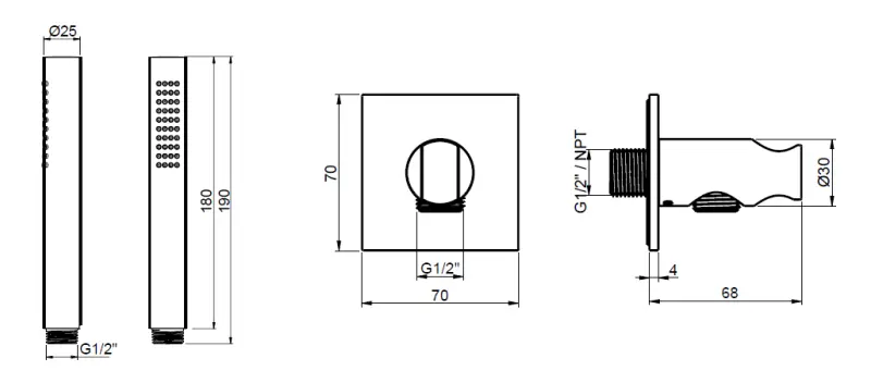 SB 316 Квадратен комплект за ръчен душ с маркуч и кука за окачване от неръждаема стомана