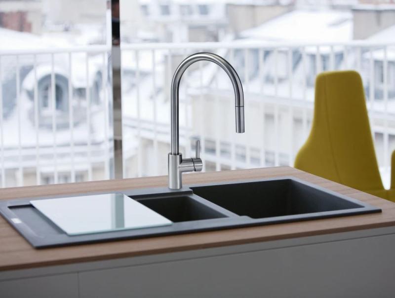 Franke Eos Neo Кухненски смесител с издърпваща се душ глава, неръждаема стомана 115.0590.045