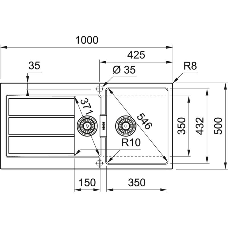 Franke Sirius 2 S2D 651 пластмасова 1,5 половинчата мивка с бял дренаж за повърхностен монтаж 100x50 143.0634.555