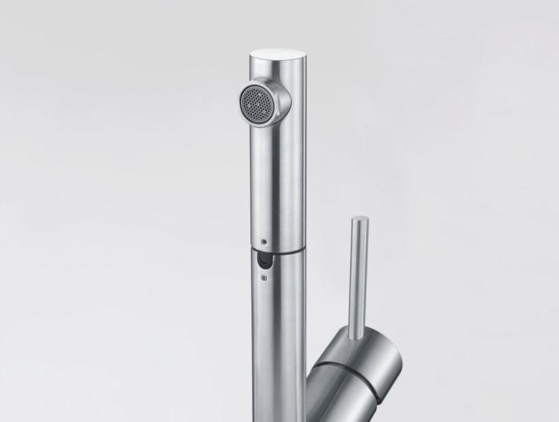 Franke Orbit Нисък кухненски смесител с издърпващ се чучур, неръждаема стомана 115.0569.461