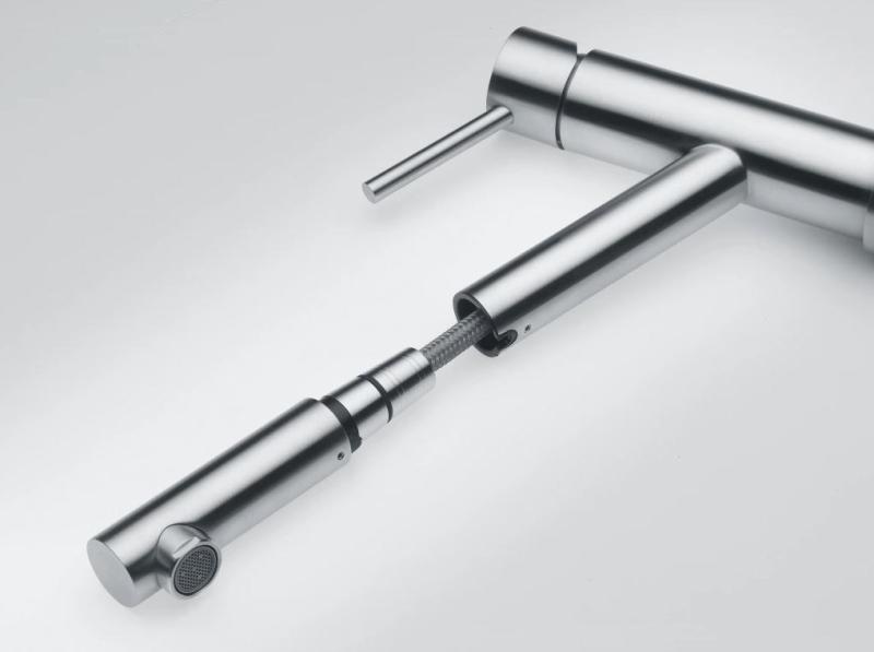 Franke Orbit Нисък кухненски смесител с издърпващ се чучур, неръждаема стомана 115.0569.461