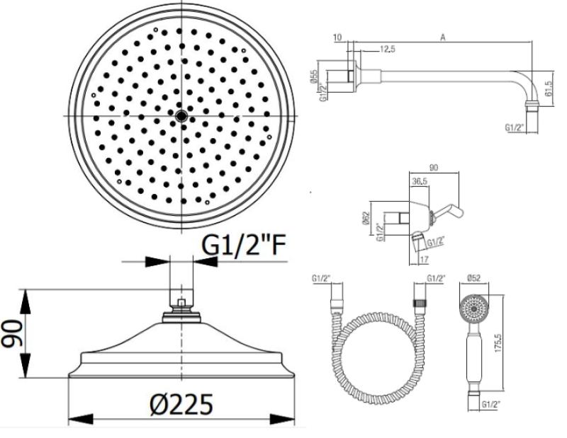 PB класически носталгичен комплект за вграждане на душ хром с ръчен душ и дъждовен душ 225mm 1208953841