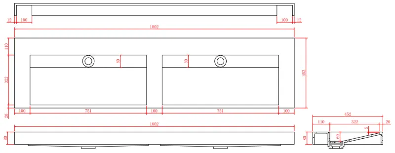 Солид-С мраморна двойна мивка от солиден материал, черен мрамор, мат, без отвор за смесител, със солиден капак B180xD45xH8 1208953889