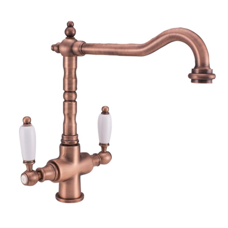 PB Носталгичен класически провинциален кухненски смесител в цвят мед, с бели дръжки 1208953914
