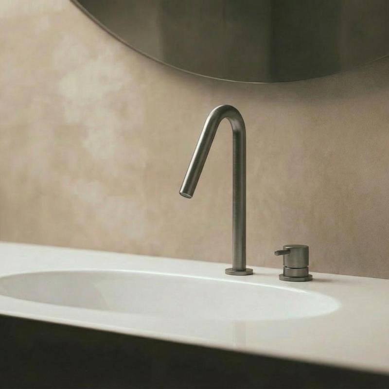 Waterevolution Flow 2-отворен смесител за умивалник PVD Gun Metal с малък V 120 mm излив T1121VGME