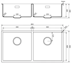 Lorreine 4040BQ-FU Черна кварцова двойна мивка 4040см, монтаж под и на нивото на плота, черна цедка 1208954010