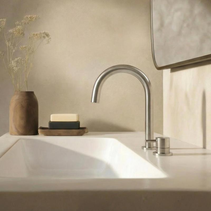 Waterevolution Flow 2-отворен смесител за умивалник, изцяло от неръждаема стомана, с ниска U 200 mm излив T1121UIE