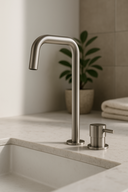 Waterrevolution Flow 2-дупков мивков смесител с висок изпускател 222 неръждаема стомана T122HIE