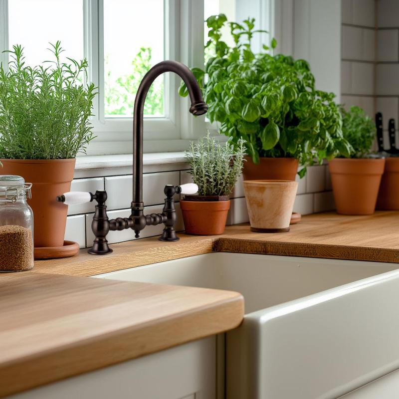 PB Носталгичен кухненски смесител в тъмна медена окраска с кръгъл чучур и бели дръжки 1208954666